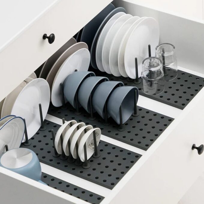 Escurridor retráctil de cocina bandeja organizadora con espacio para loza ollas y vasos FK23D-285