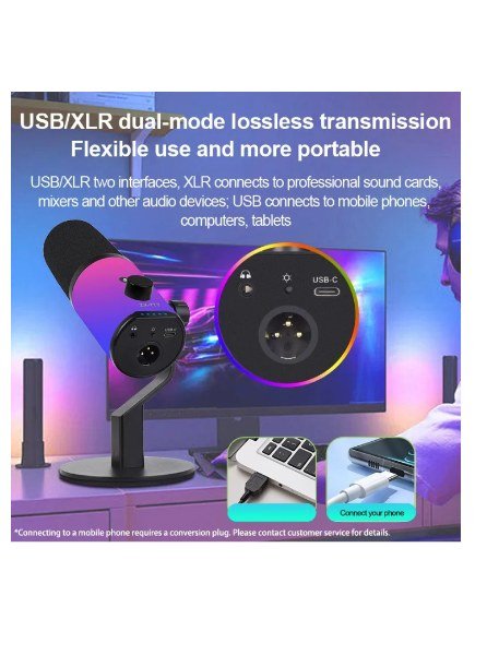 Microfono de escritorio dinámico RGB USB/XLR para podcasting, grabación, juegos y transmisión en vivo