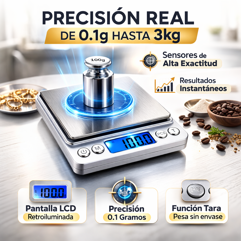 Báscula Digital 0.1g a 3kg Alta Precisión Profesional Acero Con FK17-SM032