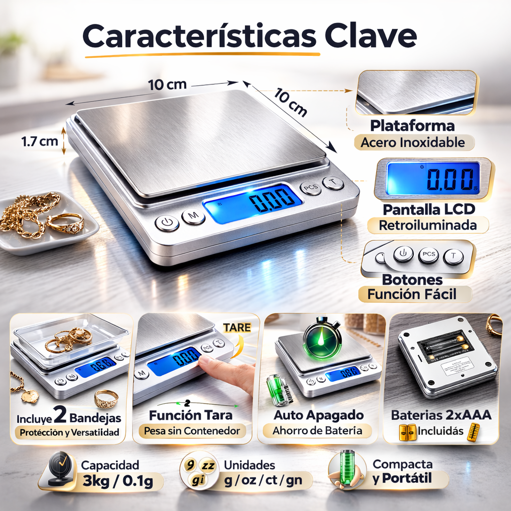 Báscula Digital 0.1g a 3kg Alta Precisión Profesional Acero Con FK17-SM032