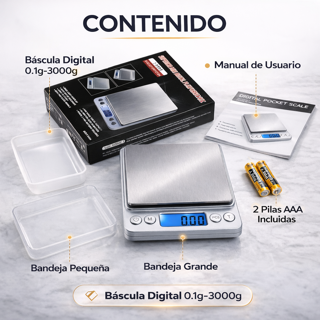 Báscula Digital 0.1g a 3kg Alta Precisión Profesional Acero Con FK17-SM032